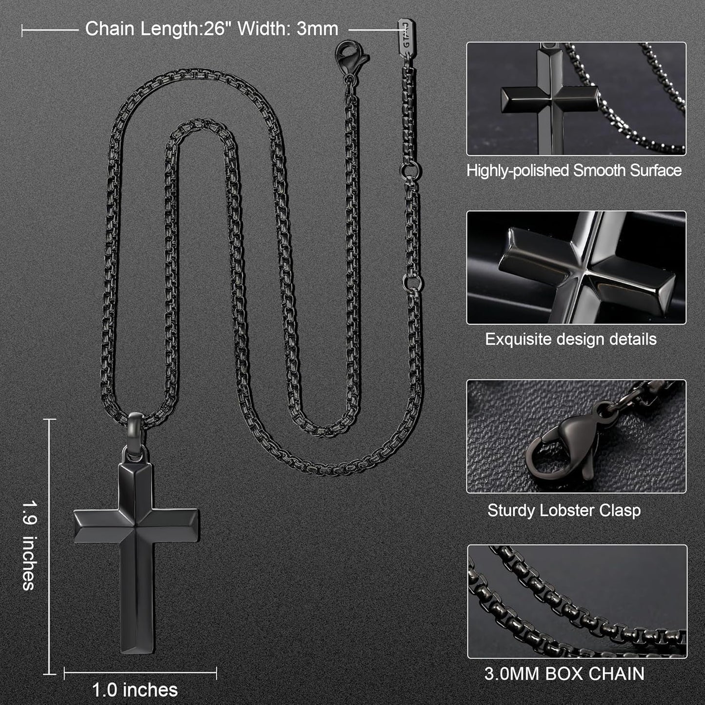 Cross Pendant for Men -18K Gold-Plated/Silver/Black Cross Necklace, Suitable for Men - Non Fading and 100% Waterproof Men'S Necklace, 24-26 Inch Box Adjustable Chain - WORLD TIME VISITS