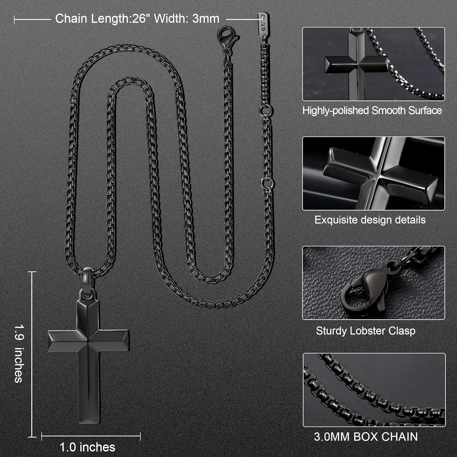 Cross Pendant for Men -18K Gold-Plated/Silver/Black Cross Necklace, Suitable for Men - Non Fading and 100% Waterproof Men'S Necklace, 24-26 Inch Box Adjustable Chain - WORLD TIME VISITS
