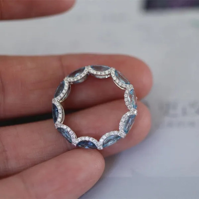 Women Exquisite 925 Sterling Silver Filled Aquamarine Sea Blue Diamonds Gemstone Princess Rings Jewelry