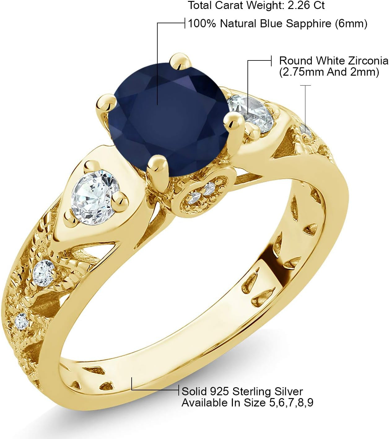 Blue Sapphire 18K Yellow Gold Plated Silver Women'S Ring (2.26 Ct Round, Available 5,6,7,8,9)