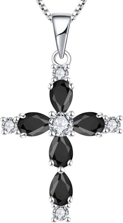 Cross Necklace for Women 925 Sterling Silver Halo Gemstone Pendant Birthstone Religious Jewelry for Mom
