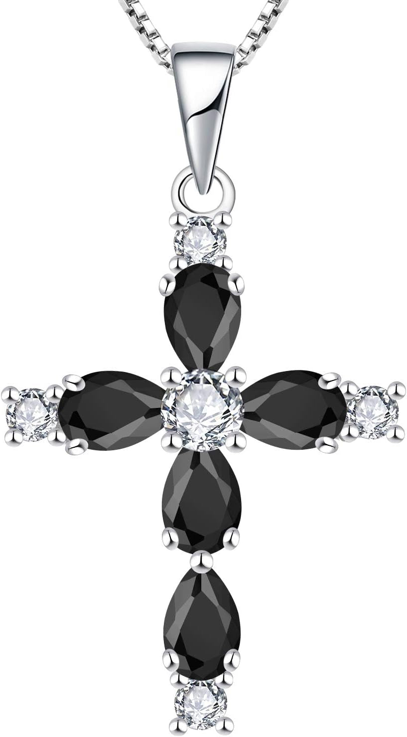 Cross Necklace for Women 925 Sterling Silver Halo Gemstone Pendant Birthstone Religious Jewelry for Mom