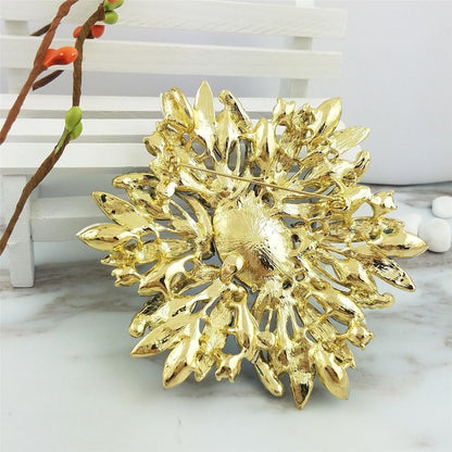 3.5" Huge Big Large Brooch Pendant Scarf Hats Decoration Blue Flower Pin Gold Tone