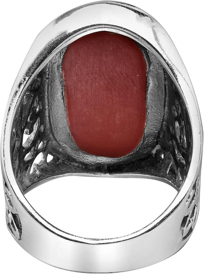 Bold Lrg Oval Reconstructed Red Coral Intricate Heart Filigree .925 Sterling Silver Ring