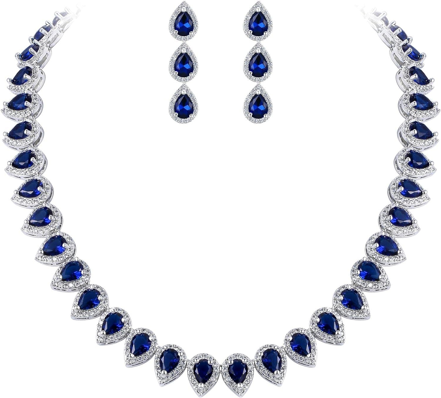 Women'S Silver-Tone Full Prong Cubic Zirconia Teardrop Bridal Necklace Earrings Set