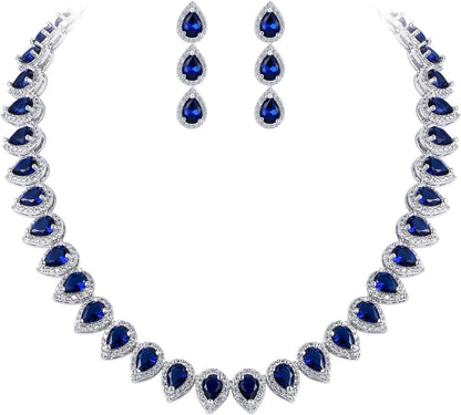Women'S Silver-Tone Full Prong Cubic Zirconia Teardrop Bridal Necklace Earrings Set