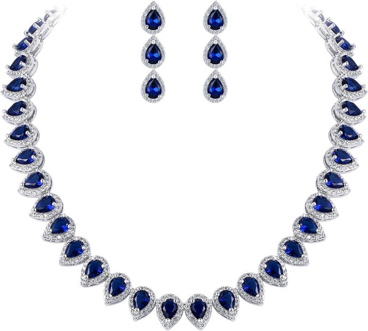 Women'S Silver-Tone Full Prong Cubic Zirconia Teardrop Bridal Necklace Earrings Set