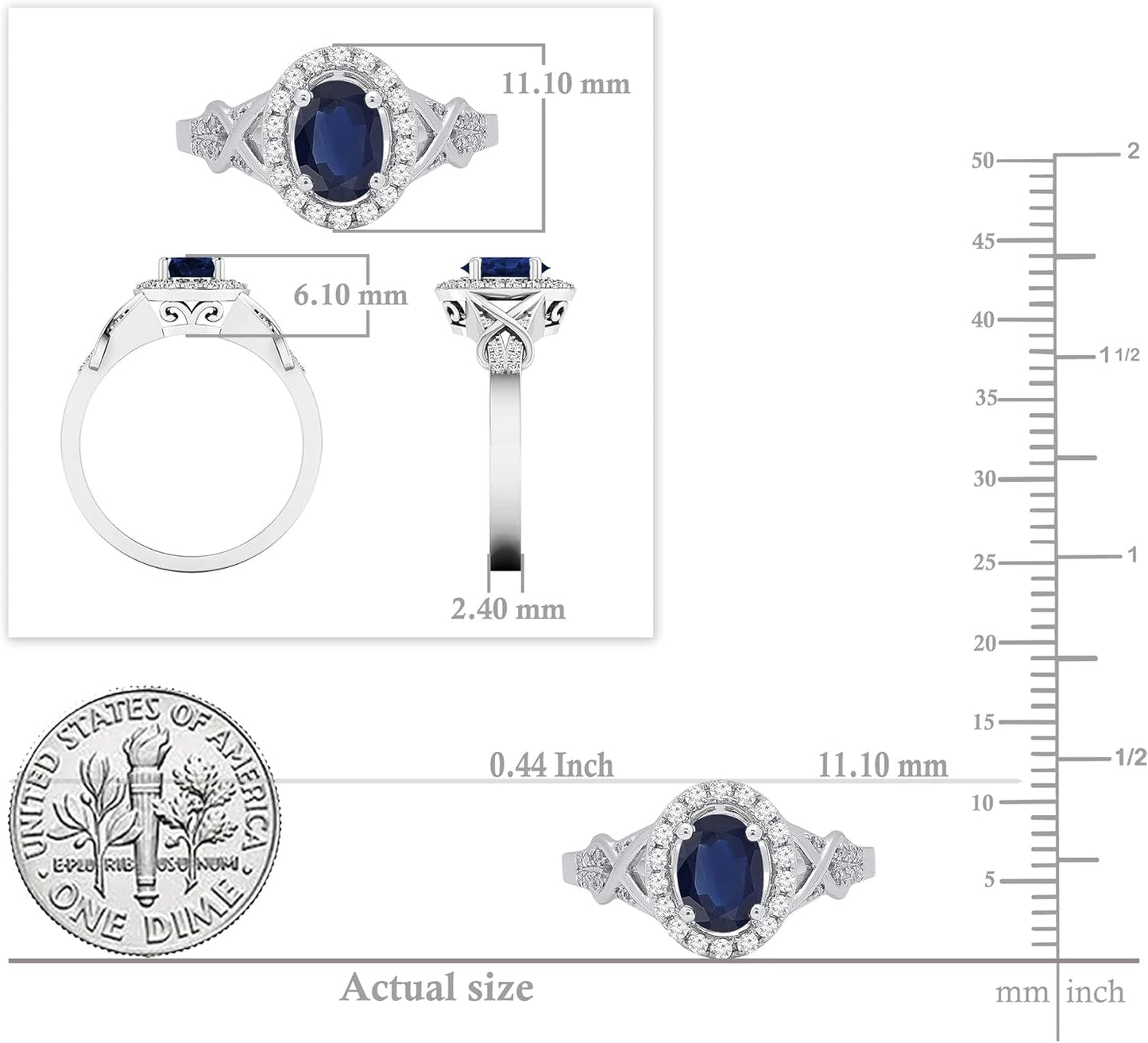 7X5Mm Oval Blue Sapphire & round White Diamond Split Shank Halo Engagement Ring for Women in 10K Solid Gold