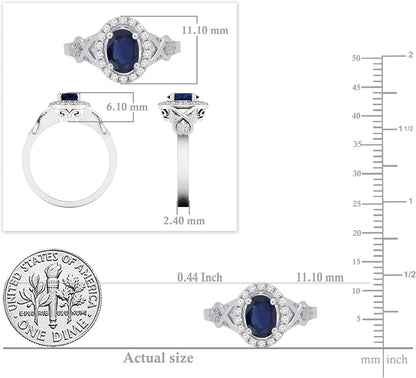 7X5Mm Oval Blue Sapphire & round White Diamond Split Shank Halo Engagement Ring for Women in 10K Solid Gold
