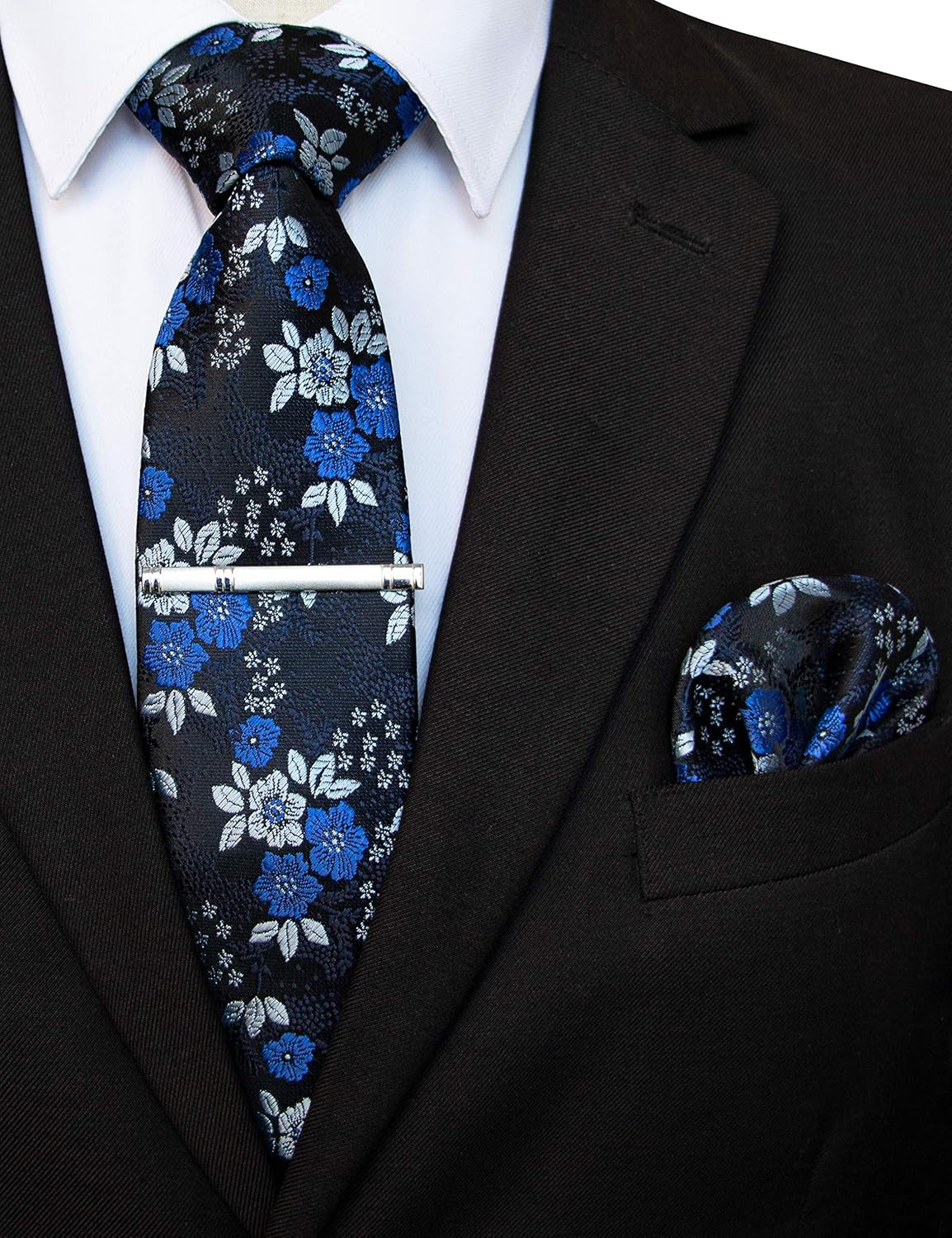 Floral Necktie and Pocket Square Tie Clip Sets for Men