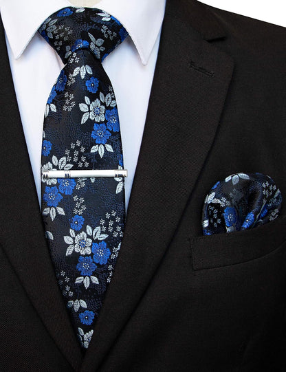 Floral Necktie and Pocket Square Tie Clip Sets for Men