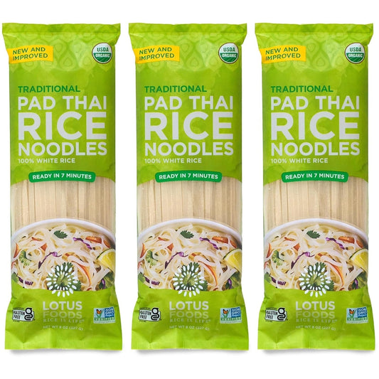 Traditional Pad Thai Rice Noodles - Pad Thai Noodles, Asian Noodles, Gluten Free Noodles, Rice Noodles, Whole Grain, Non GMO, USDA Organic - 8 Oz (Pack of 3)