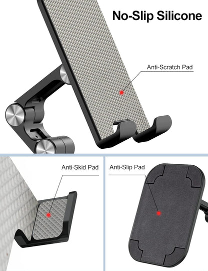 Phone Stand, Adjustable Height and Angle Cell Phone Stand for Desk Foldable Holder, Taller Iphone Stand Compatible 4-11 Inch All Mobile Phone/Ipad/Tablet - Black