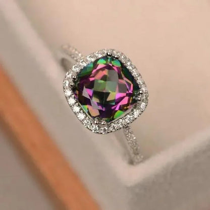 LUXURY 925 Sterling Silver Diamond Cut Square Mystic Fire Rainbow Topaz Cocktail Sapphire Ring FASHION NEW