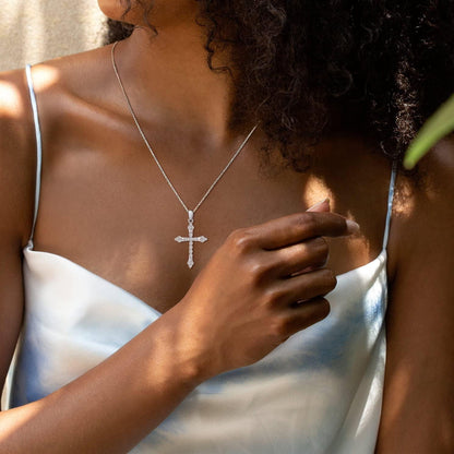 Cross Necklace for Women 925 Solid Sterling Silver Cubic Zirconia Flower Budded Cross Princess Pendant for Women, 18" Extender