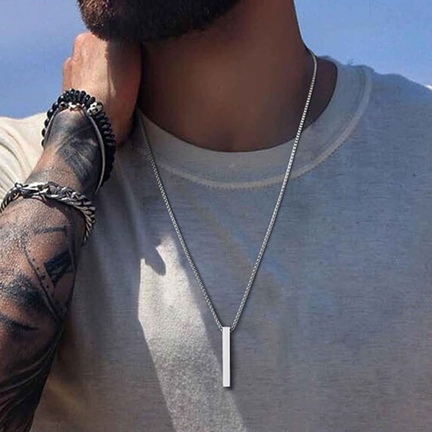 Bar Pendant Necklace for Men Stainless Steel Box Chain Pendant Men’S Necklace Jewelry Length 22Inch - WORLD TIME VISITS
