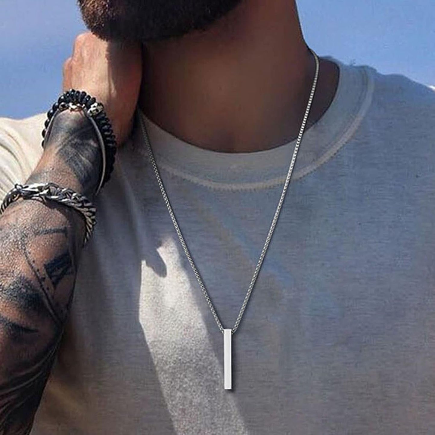 Bar Pendant Necklace for Men Stainless Steel Box Chain Pendant Men’S Necklace Jewelry Length 22Inch - WORLD TIME VISITS