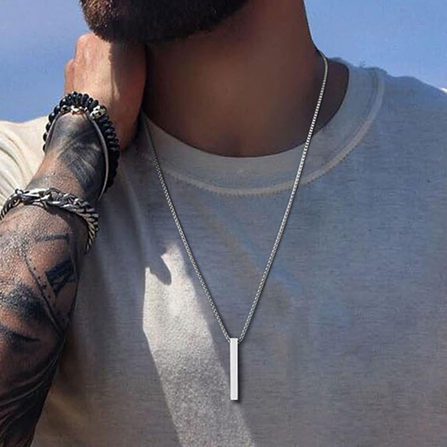Bar Pendant Necklace for Men Stainless Steel Box Chain Pendant Men’S Necklace Jewelry Length 22Inch - WORLD TIME VISITS