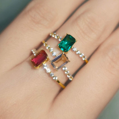 S925 Dainty Baguette Birthstone Rings CZ Band Rings Ruby 18K Gold Plated Sterling Silver Fine Jewelry for Women