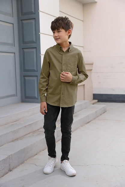 Boys' Long Sleeve Dress Shirts Classic Collared Button-Down Tshirt Solid Cotton Top with Chest Pocket