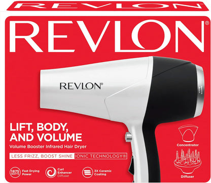 Volume Booster, Hair Dryer with Curl Enhancing Diffuser | Increase Volume, Decrease Frizz and Damage, Fast Drying, 1875 Watts (White)