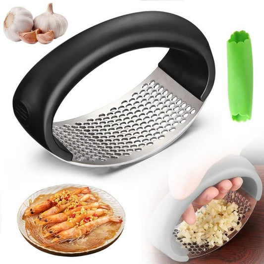 Garlic Press Rocker - 2024 NEW Stainless Steel Garlic Mincer Garlic Crusher with Peeler, New Innovative Garlic Chopper with Peeler and Scraper for Smash Garlic, Black