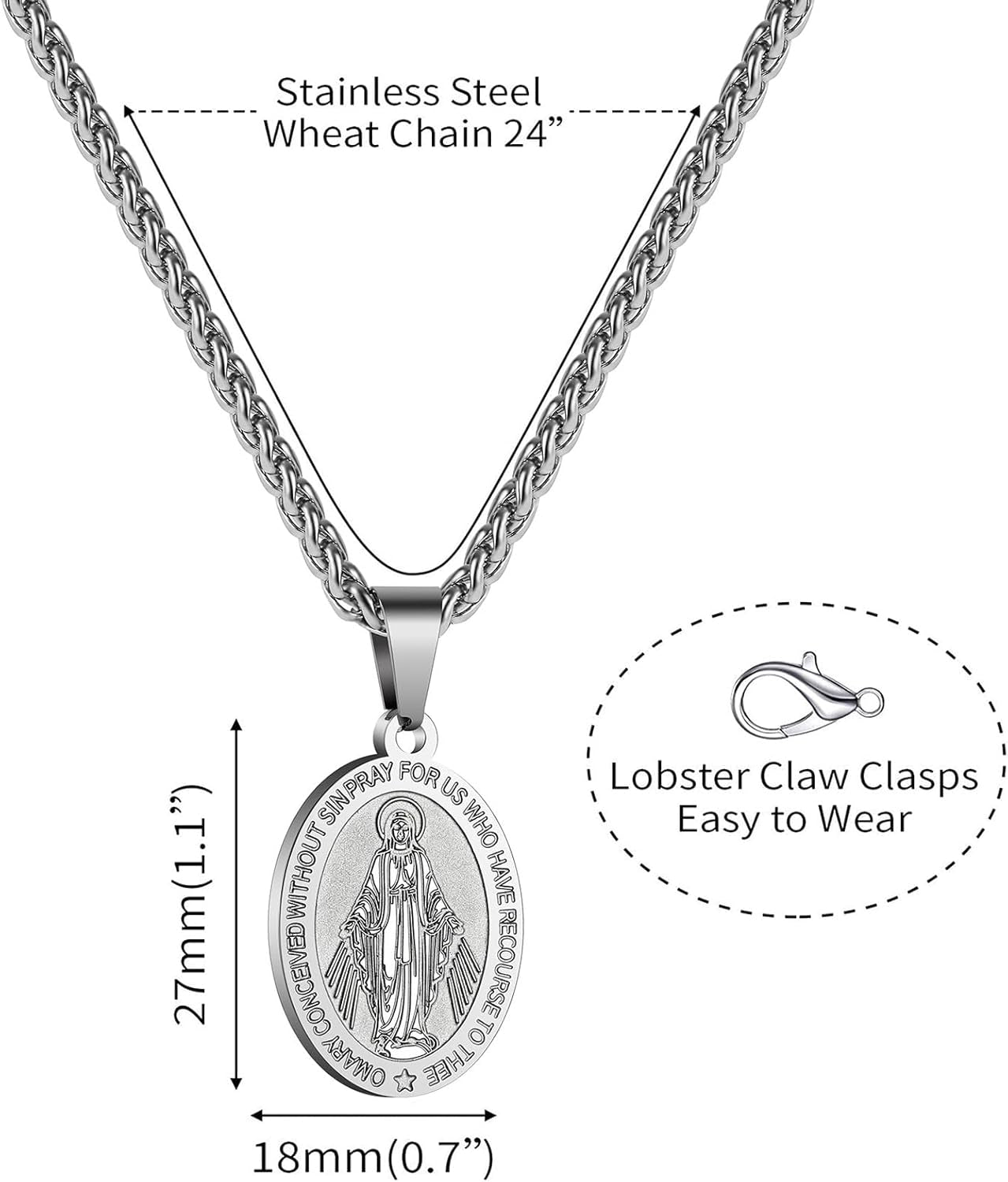 Virgin Mary Necklace for Men Boys Miraculous Medal Stainless Steel Mary Mother of God Pendant De La Virgen Maria Medallion Holy Mary Charm