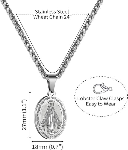 Virgin Mary Necklace for Men Boys Miraculous Medal Stainless Steel Mary Mother of God Pendant De La Virgen Maria Medallion Holy Mary Charm