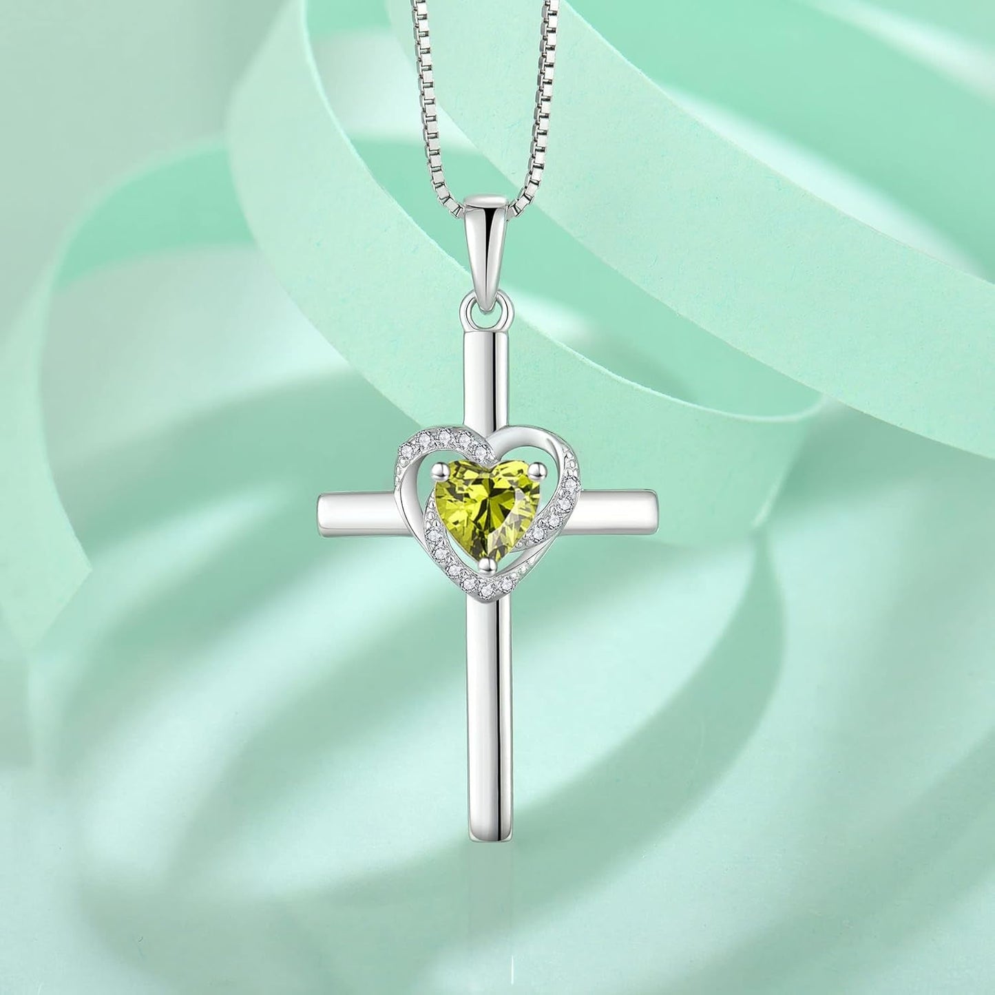 Cross Necklace for Women 925 Sterling Silver Heart Cross Necklace Birthstone Created Gemstone Pendant Jewelry Gifts for Women