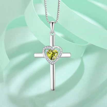 Cross Necklace for Women 925 Sterling Silver Heart Cross Necklace Birthstone Created Gemstone Pendant Jewelry Gifts for Women