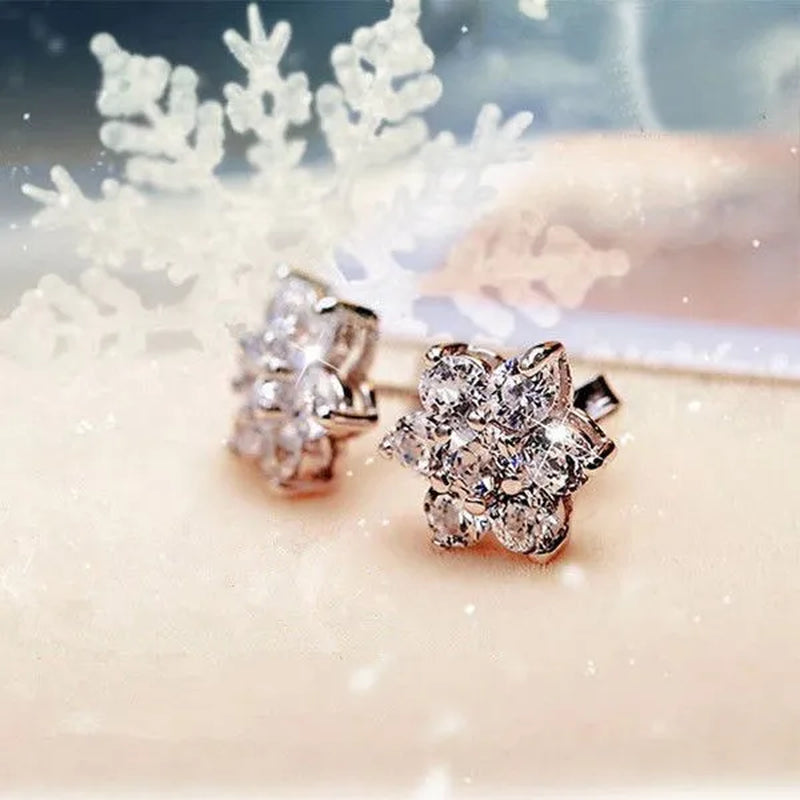 Princess Silver Cute Snowflake CZ Diamond Earrings Stud Earrings for Women