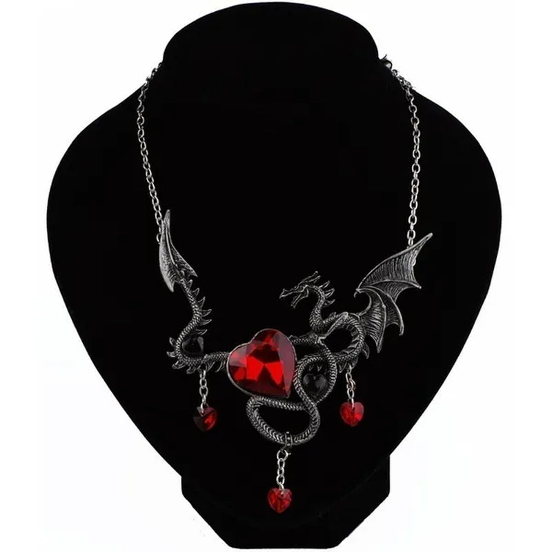 Fashion Heart-shaped Gemstone Alloy Pendant Gothic Punk Fire-breathing Dragon Necklace Jewelry