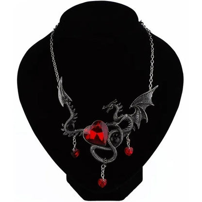 Fashion Heart-shaped Gemstone Alloy Pendant Gothic Punk Fire-breathing Dragon Necklace Jewelry