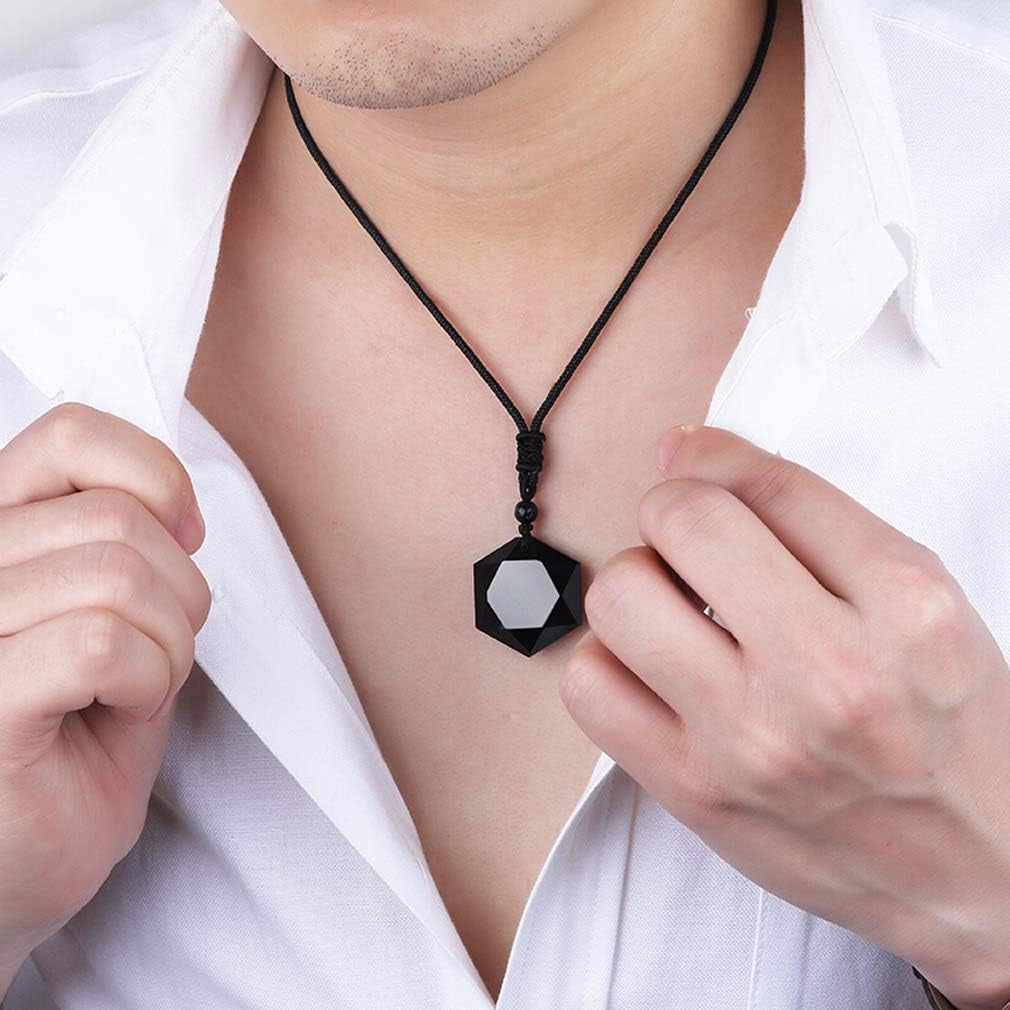 Women'S Necklaces Men'S Necklaces Pure Natural Obsidian Hexagon Pendant Necklace Adjustable Cord Gemstone Pendant Religious Jewelry for Men Women