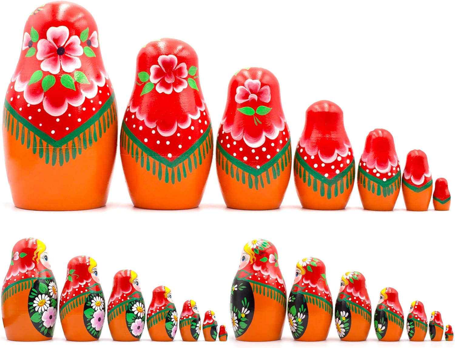 Russian Nesting Dolls Set of 7 Pcs - Matryoshka Doll with Hand Painted Bouquet of Lily and Daisy Flowers - Flower Summer Decorations - WORLD TIME VISITS