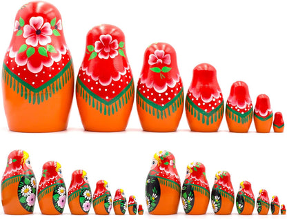 Russian Nesting Dolls Set of 7 Pcs - Matryoshka Doll with Hand Painted Bouquet of Lily and Daisy Flowers - Flower Summer Decorations - WORLD TIME VISITS