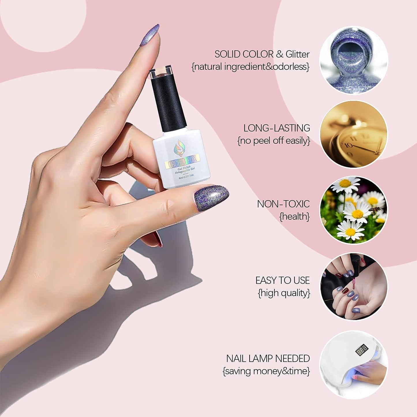 Holographic Gel Nail Polish Glitter: Led UV Gel Polish Sparkle Color Soak off Nail Art Gel DIY Design Manicure 1 PCS 8ML Light Purple
