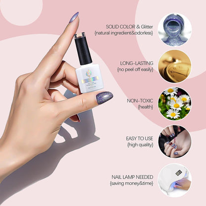 Holographic Gel Nail Polish Glitter: Led UV Gel Polish Sparkle Color Soak off Nail Art Gel DIY Design Manicure 1 PCS 8ML Light Purple