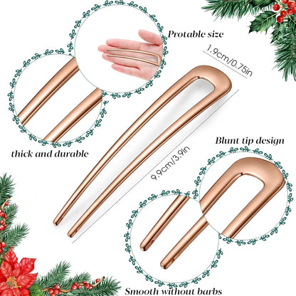 6 Pieces Hair Pins Simple Metal U Shaped French Gold Hair Fork Sticks 2 Prong Updo Chignon Pins for Women Lady Buns Accessories(Rose Gold)