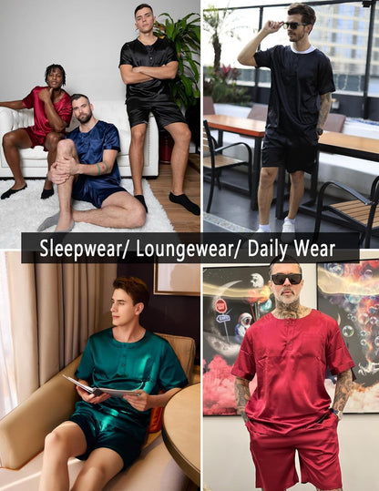 Men Satin Pajamas Set 2 Piece Silk Sleepwear Shorts Button down Tops Loungewear with Pockets