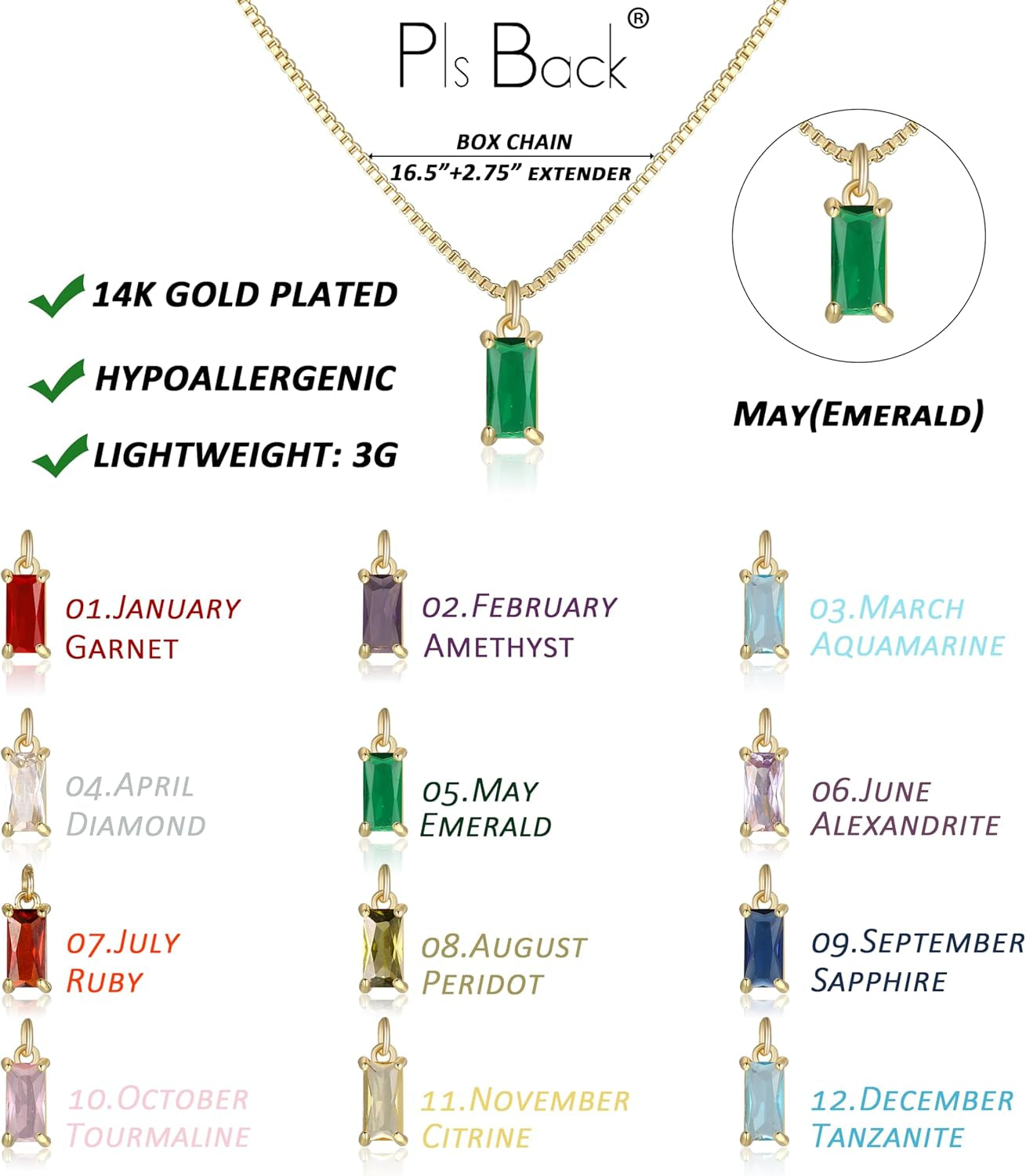 Dainty Gold Birthstone Necklaces for Women Non Tarnish, Trendy Blue Green Cubic Zirconia Emerald Pendant Charm Gold Necklaces Birthday Gifts for Women Waterproof Jewelry