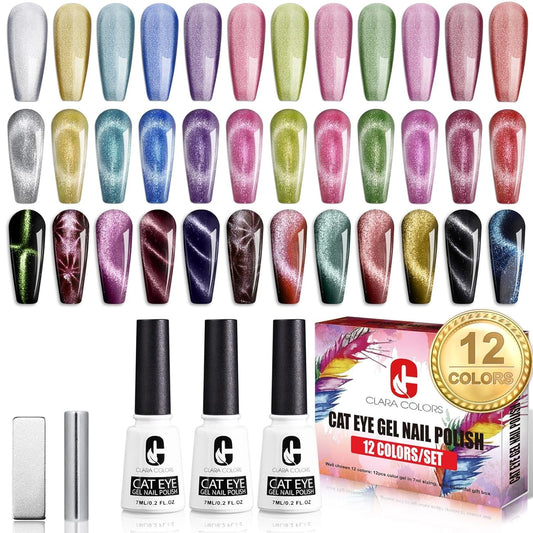 12 Colors Cat Eye Gel Nail Polish Set Not Black Magnetic Nail Polish Set Holographic Glitter 9D Galaxy Series Cat Eye Gel Polish Set with 2 Magnet Stick for Home DIY Soak off UV LED