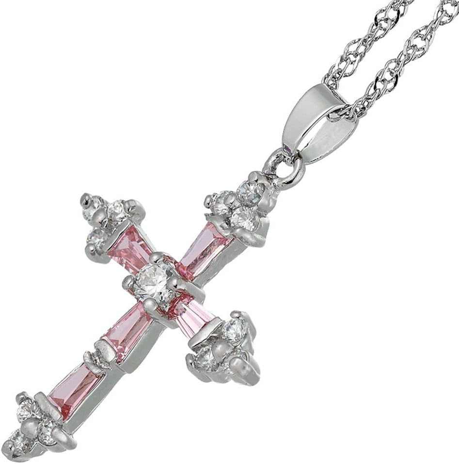 Cross Pendant with 18" Chain & Trapezoid round Cut CZ [Multi-Color] in White Gold Plated, Simple Modern Elegant - WORLD TIME VISITS