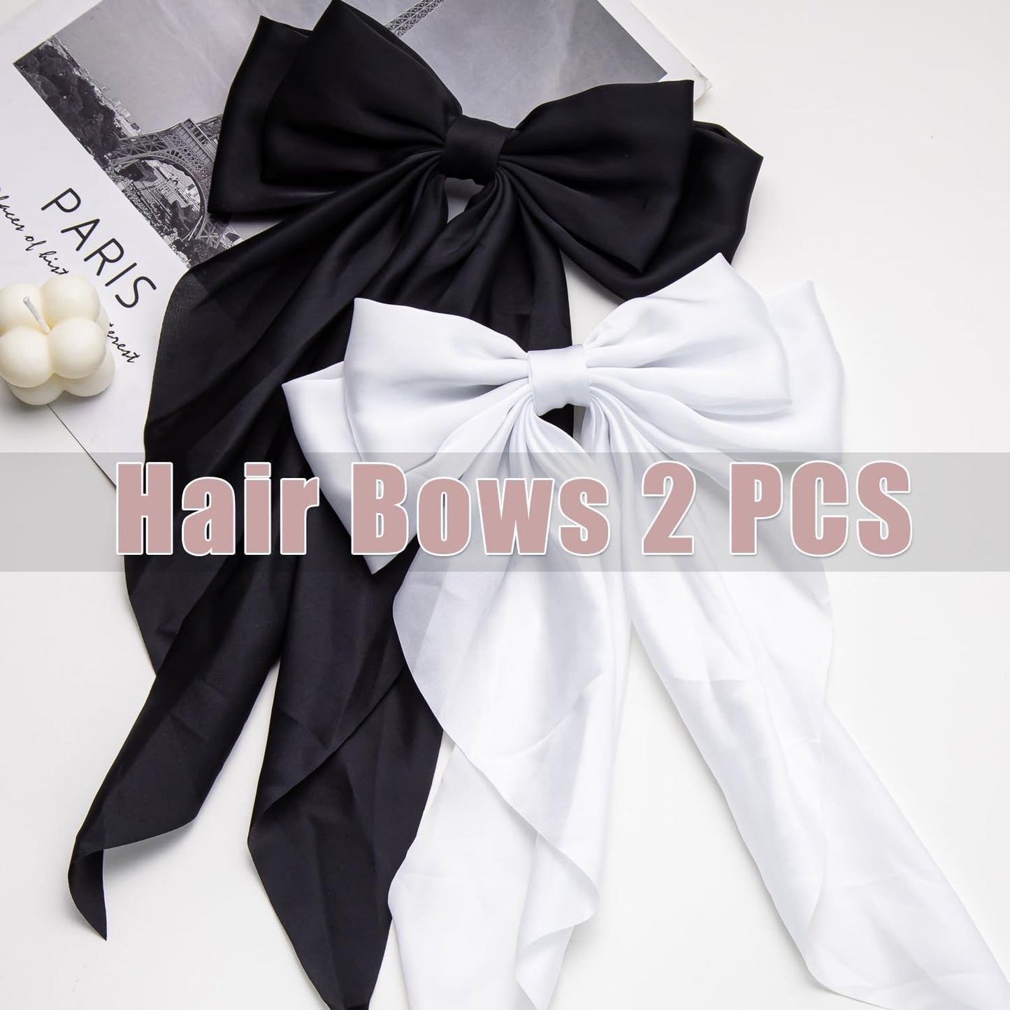 Hair Bows 2 PCS Ribbon Bow for Women and Girls, Oversized Long-Tail Cute Aesthetic, Large Hair Barrettes (Black White)
