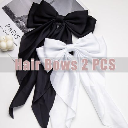 Hair Bows 2 PCS Ribbon Bow for Women and Girls, Oversized Long-Tail Cute Aesthetic, Large Hair Barrettes (Black White)