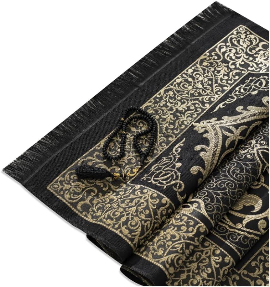 Muslim Prayer Rug with Tasbih - Prayer Mat - Islamic Gifts Set - Prayer Matt Islam - Travel Prayer Mat - Islamıc Prayer Rug - Portable Prayer Mat - Muslim Gifts for Women Men (Black)
