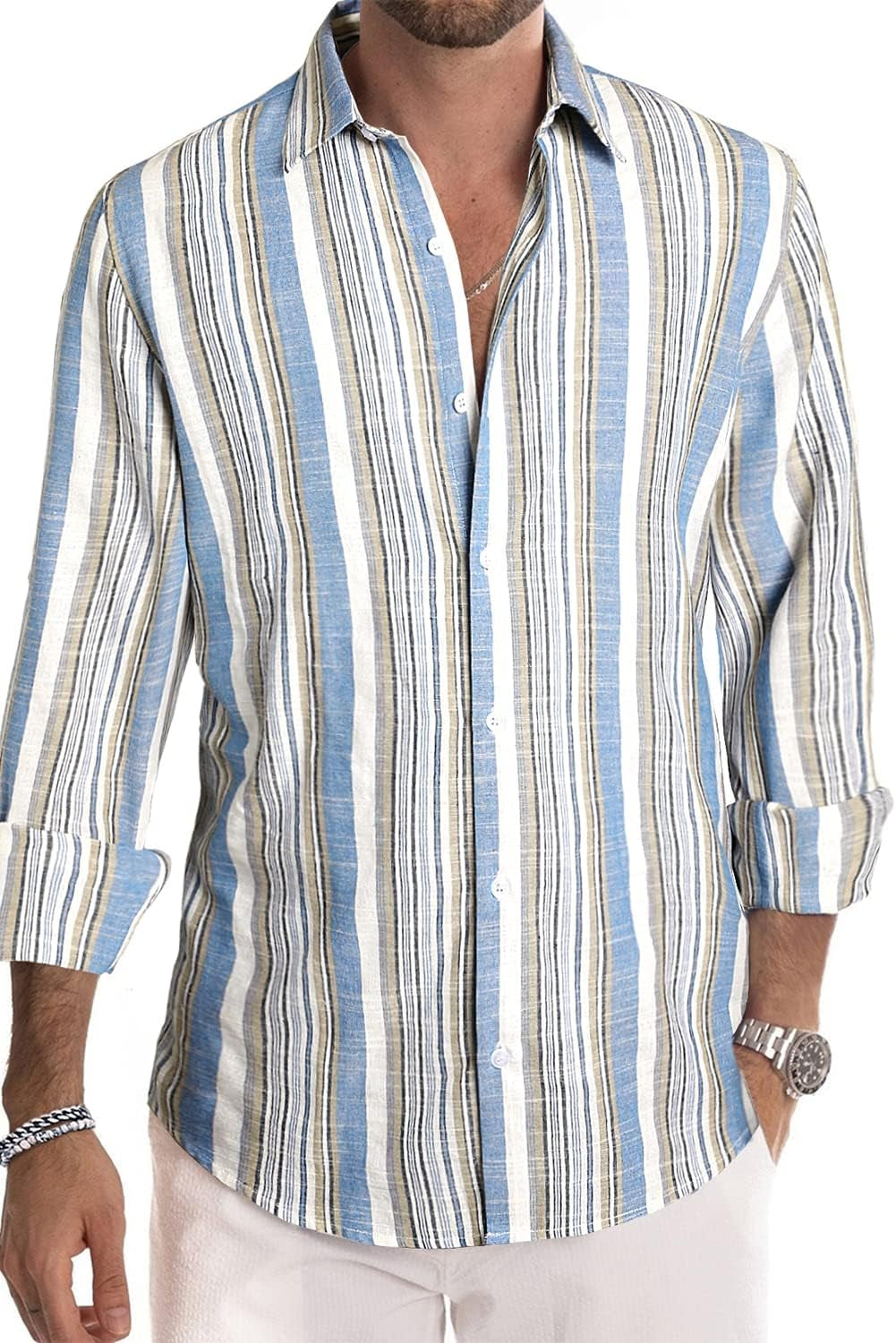 Men'S Cotton Shirts Casual Long Sleeve Button-Down Striped Dress Shirt - WORLD TIME VISITS