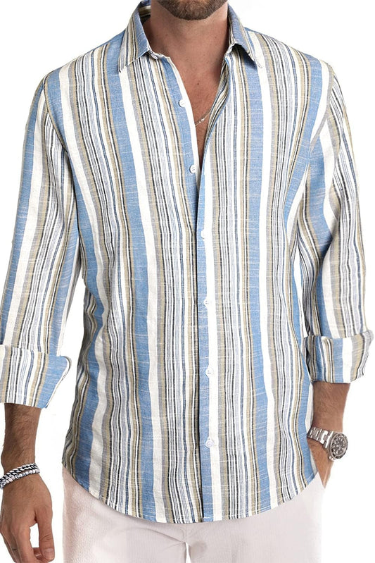 Men'S Cotton Shirts Casual Long Sleeve Button-Down Striped Dress Shirt - WORLD TIME VISITS