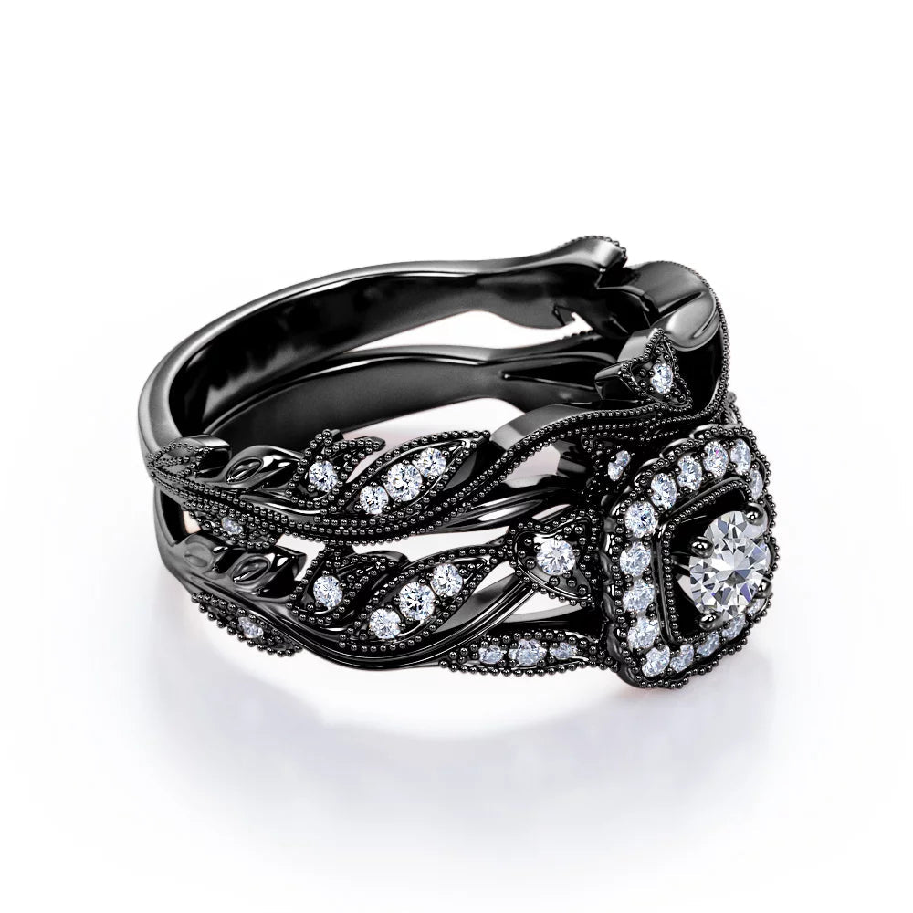 round Diamond - Edwardian Diamond Filigree Ring - Art Deco Style - Wedding Ring Set in 10K Black Gold