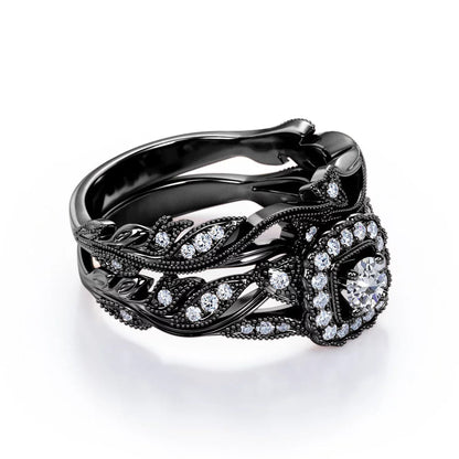 round Diamond - Edwardian Diamond Filigree Ring - Art Deco Style - Wedding Ring Set in 10K Black Gold